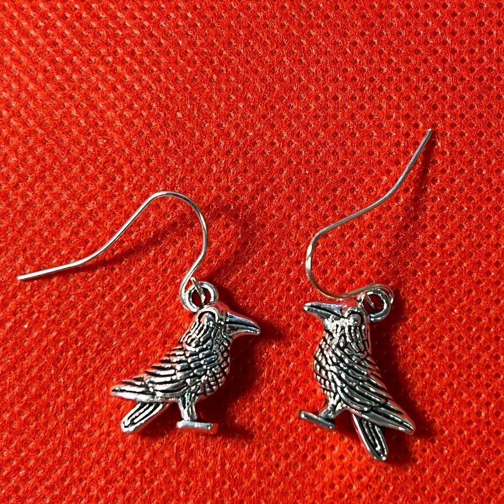 Crow Silver Tone French Hook Pierced Earrings